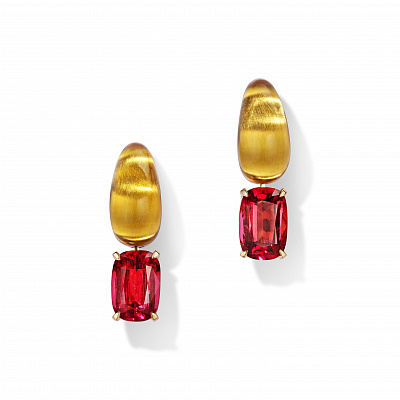 Earrings with amber and rubellite 9.99 carats